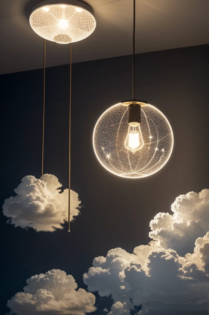 Create the design of a cloud lamp with wire covered in cotton with holes in the shape of stars and that inside the cloud the light bulb is on and the stytellas are projected on the dark wall