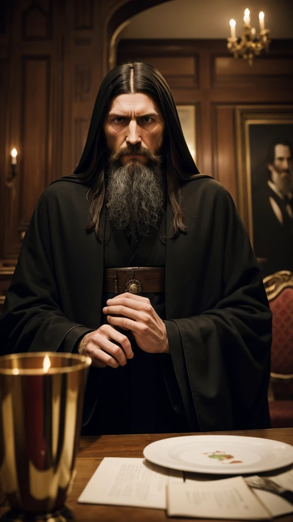 Rasputin struggling with poisoning effects, pained expression, December 1916, wearing his dark robe, in the same grand dining room, with concerned conspirators in the background, close-up, hyper-realistic, photo realism, cinematography. Camera lens size should be 200mm, aperture setting f/4.5, and ISO 1600. The artistic medium should be color photography.