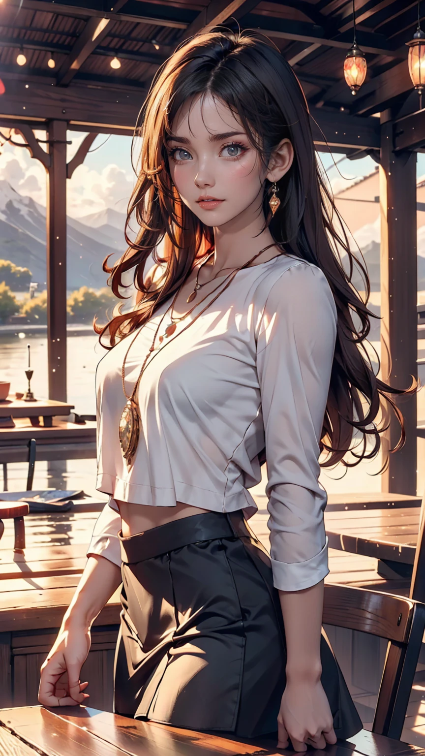 1 Girl, Happy expression, Attractive eyes, Straight Long Hair, Flowing skirt, big, Gaze at the sun, Calm posture, Porcelain Skin, A faint blush, Crystal Pendant BREAK Golden Hour, (Edge lighting): 1.2, Cool colors, Solar flare, Soft Shadows, Bright colors, Paint Effects, Great atmosphere Rest Beautiful lake, Distant Mountain々, pine tree, Summit, reflection, Sunlit clouds, Quiet atmosphere, Idyllic sunrise, Super detailed, Official Art, Unified 8k wallpaper, Tangled, Mandala、24-year-old woman、Sexy proportions、Long eyelashes、eye shadow、lipstick、Sexy、erotic
