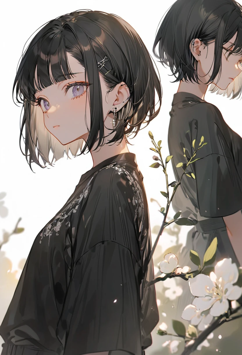 Boyish beautiful girl，Black very short hair,Black hair bangs, Wearing a black silk shirt，