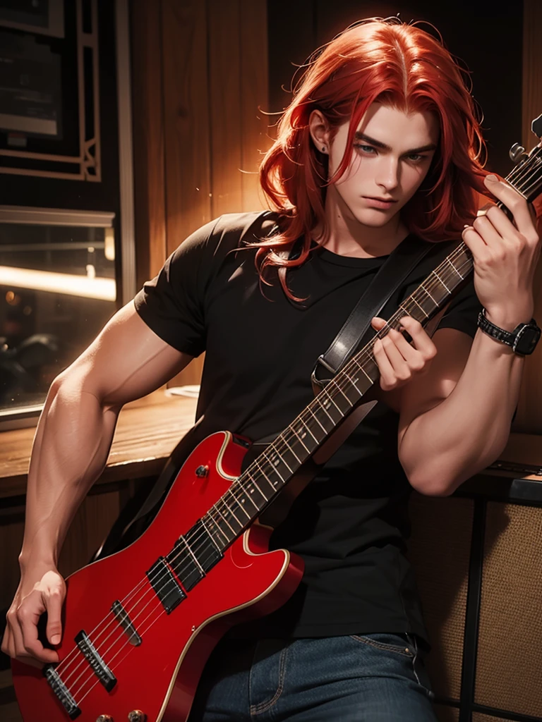 25 year old man, strong and with long red hair. Stylish outfit with guitar.