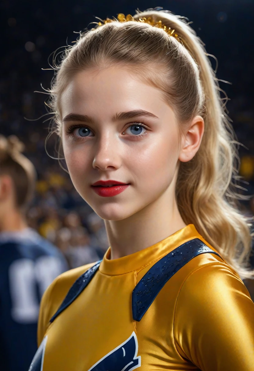 1girl, McKenna Grace, full length portrait, 9:16 aspect ratio wide angle lens, University of Michigan cheerleader uniform by Under Armor, sheer shiny shimmering silky tan pantyhose by L'eggs, 5 inch maize high heeled pumps by Louis Vuitton, holding pompoms, cheering at Michigan Stadium, beautiful detailed eyes, beautiful detailed lips, extremely detailed face and eyes, long eyelashes, night time, red lipstick, hair in ponytail, (best quality,4k,8k,highres,masterpiece:1.2),ultra-detailed,(realistic,photorealistic,photo-realistic:1.37),HDR,UHD,studio lighting,ultra-fine painting,sharp focus,physically-based rendering,extreme detail description,professional,vivid colors,bokeh,portraits