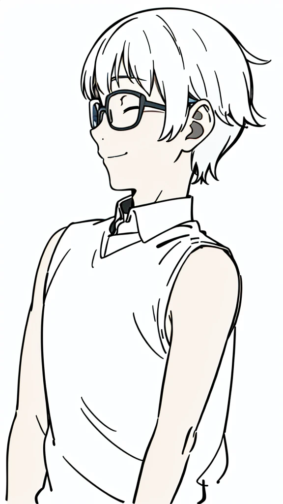 (1boy,10 years old,???),solo,happy,white hair,short hair,fox ears,white shirt,sleeveless,upper body,(white background,line drawing),white glasses,profile,smile,closed eyes,separated lips
