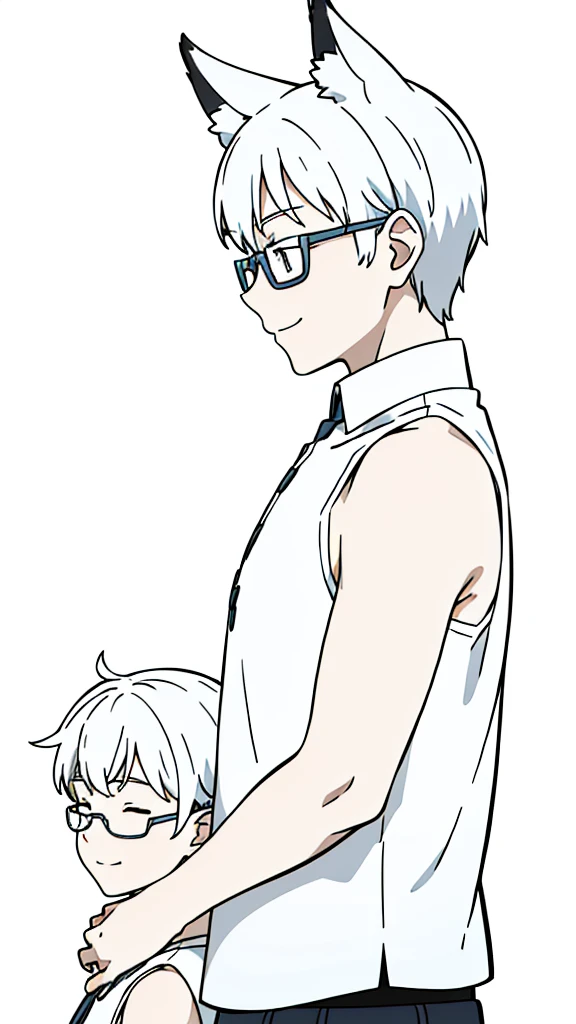 (1boy,,kid),solo,ha,white hair,short hair,fox ears,white shirt,sleeveless,upper body,(white background,line drawing),white glasses,profile,smile,closed eyes,separated lips