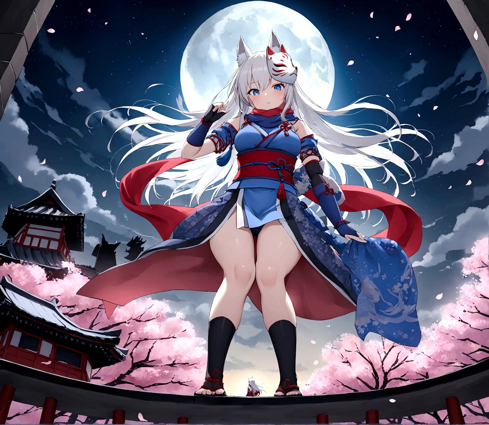 On top of the castle、Looking down from the castle tower、gauntlet、Throwing Shuriken、insert、Asahi、A magnificent view of the city from the treetopasterpiece, best quality:1.2), 1girl, 独奏,Wolf girl, fox mask, ninja, girl, long white hair, odd eyes, blue kimono, ninja girl, red and blue scarf,Dancing Cherry Blossoms,Full moon backlighting, light coming in, fantastic atmosphere.night、Shadows of light and darkness、Eyes glowing in the dark、Black fox mask、Fisheye Lens、Expansive starry sky、long hair that spreads、Overlooking the city from atop a large cherry tree、Aside exposure