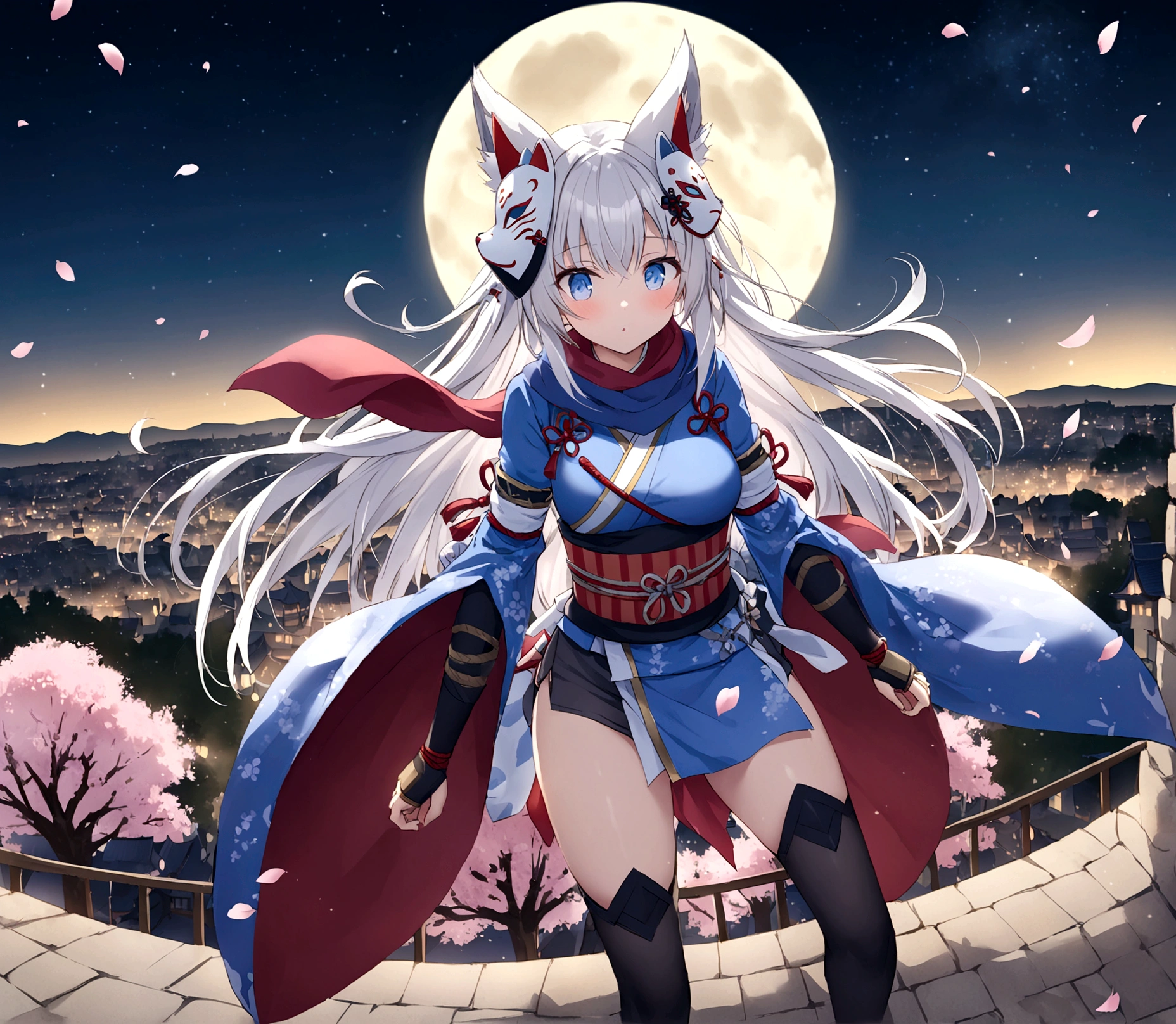 On top of the castle、Looking down from the castle tower、gauntlet、Throwing Shuriken、insert、Asahi、A magnificent view of the city from the treetopasterpiece, best quality:1.2), 1girl, 独奏,Wolf girl, fox mask, ninja, girl, long white hair, odd eyes, blue kimono, ninja girl, red and blue scarf,Dancing Cherry Blossoms,Full moon backlighting, light coming in, fantastic atmosphere.night、Shadows of light and darkness、Eyes glowing in the dark、Black fox mask、Fisheye Lens、Expansive starry sky、long hair that spreads、Overlooking the city from atop a large cherry tree、Aside exposure