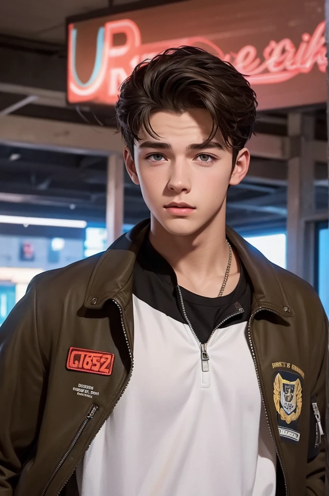 Create an image of a male teenager, looking between 16 and 18 years old, brownhair, Caucasian skin, brown dark eyes, wearing school jacket written "Crawford". The image must have the style of a digital illustration inspired by the environments of GTA V. Your expression is happy, in poor lighting. School atmosphere. Background of a school. The image must not contain extra hands, extra fingers, mutant hands, mixed texts, repeated letters. And try to make him look like model Francisco Lachowski