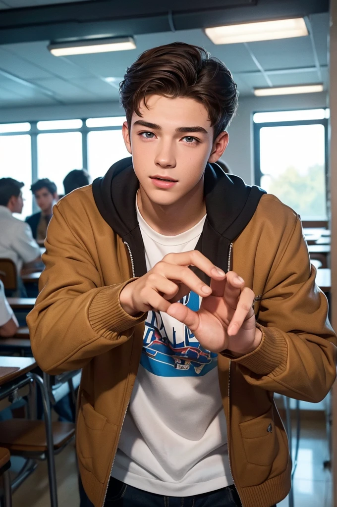 Create an image of a male ager, looking between 16 and 18 years old, brownhair, Caucasian skin, brown dark eyes, wearing school jacket written "Crawford". The image must have the style of a digital illustration inspired by the environments of GTA V. Your expression is happy, in poor lighting. School atmosphere. Background of a school. The image must not contain extra hands, extra fingers, mutant hands, mixed texts, repeated letters. And try to make him look like model Francisco Lachowski