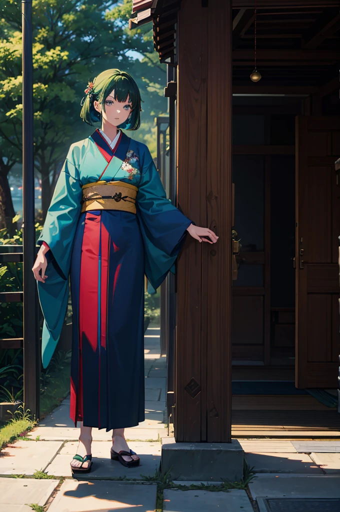1woman, dark green hair, blue eyes, kimono, standing on ground, high res, ultra sharp, 8K, masterpiece