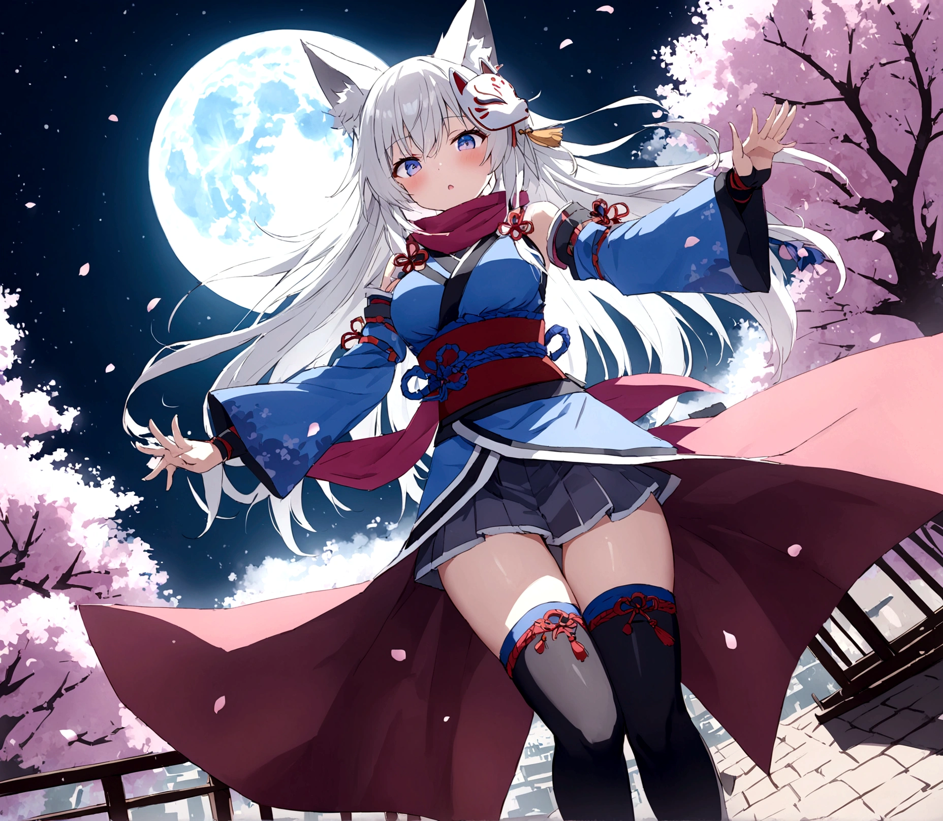 On top of the castle、Looking down from the castle tower、gauntlet、Throwing Shuriken、insert、Asahi、A magnificent view of the city from the treetopasterpiece, best quality:1.2), 1girl, 独奏,Wolf girl, fox mask, ninja, girl, long white hair, odd eyes, blue kimono, ninja girl, red and blue scarf,Dancing Cherry Blossoms,Full moon backlighting, light coming in, fantastic atmosphere.night、Shadows of light and darkness、Eyes glowing in the dark、Black fox mask、Fisheye Lens、Expansive starry sky、long hair that spreads、Overlooking the city from atop a large cherry tree、Aside exposure