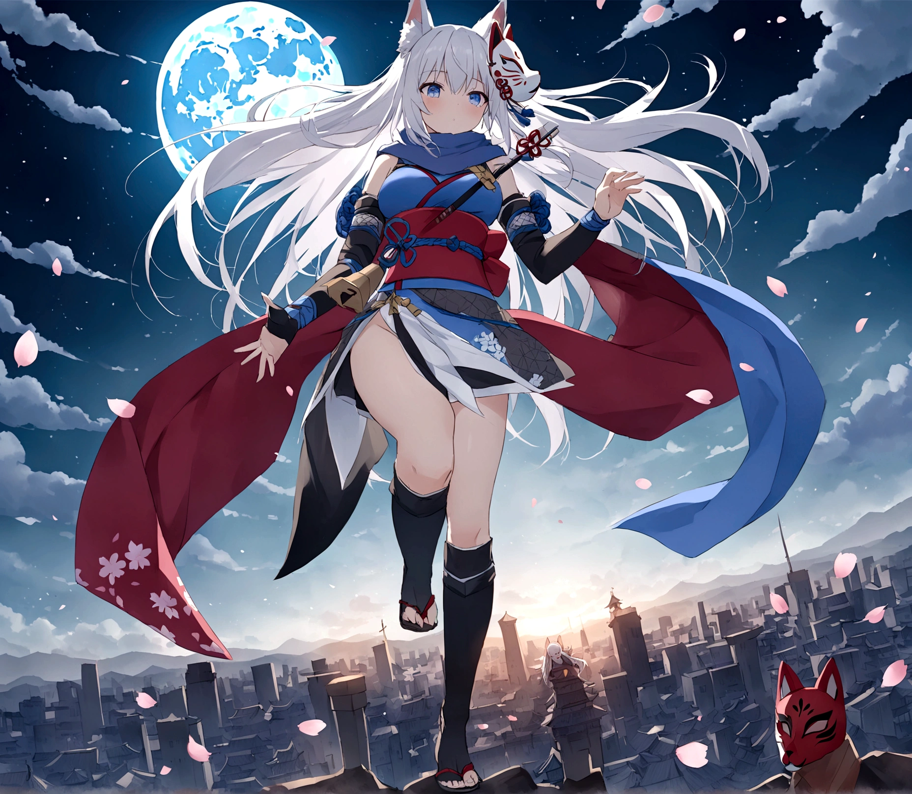 On top of the castle、Looking down from the castle tower、gauntlet、Throwing Shuriken、insert、Asahi、A magnificent view of the city from the treetopasterpiece, best quality:1.2), 1girl, 独奏,Wolf girl, fox mask, ninja, girl, long white hair, odd eyes, blue kimono, ninja girl, red and blue scarf,Dancing Cherry Blossoms,Full moon backlighting, light coming in, fantastic atmosphere.night、Shadows of light and darkness、Eyes glowing in the dark、Black fox mask、Fisheye Lens、Expansive starry sky、long hair that spreads、Overlooking the city from atop a large cherry tree、Aside exposure