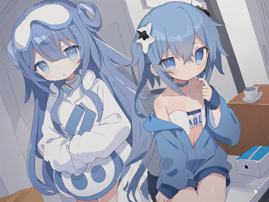 Gorgeous female photo, best quality, best work, best details, white hair, messy hair, twintails, ocean blue eyes, chibi, blue hoodie, shiny white star in hoodie, long sleeves, wearing a hoodie, white skirt, long blue socks, bedroom, sofa, gaming