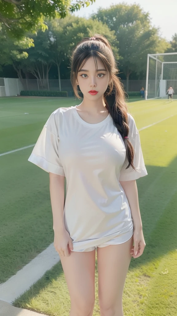 ((Full body)). Cute face, brick orange lips, white sporty_shorts, (((white oversized shirt))) thigh gap. ((Sports shirt)). gorgeous, girl, black ponytail, western movie, hot girl, happy, (masterpiece), best quality, high resolution, very detailed, blurred background, depth of field, light movies, , exposed, thin, , blog, jogging, cleavage
