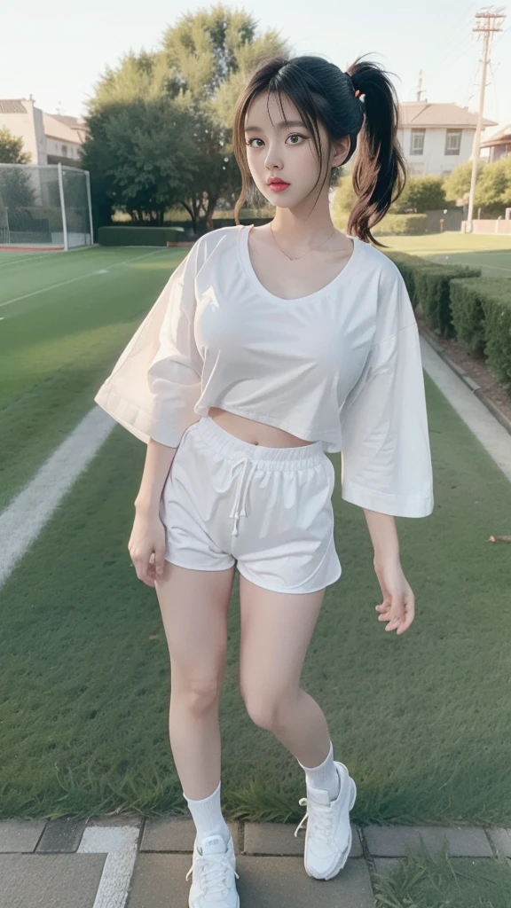 Maki Horikita Beautiful girl Well-formed face r Young face Crying expression Short stature Slender Athletics Navel exposed Beautiful legs Short cut Brown hair Small breasts White camisole White uniform Outdoors Raising hands The scenery is a Japanese school