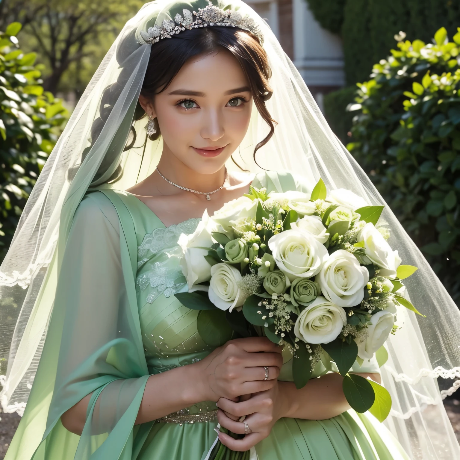A woman wearing a green veil and green wedding dress at a wedding and holding a bouquet