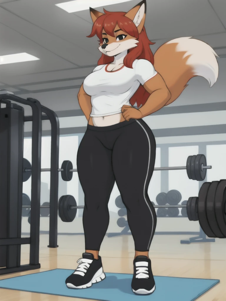 Furry, fox, female, white shirt, black leggings, shoes, gym, teen, standing, full body