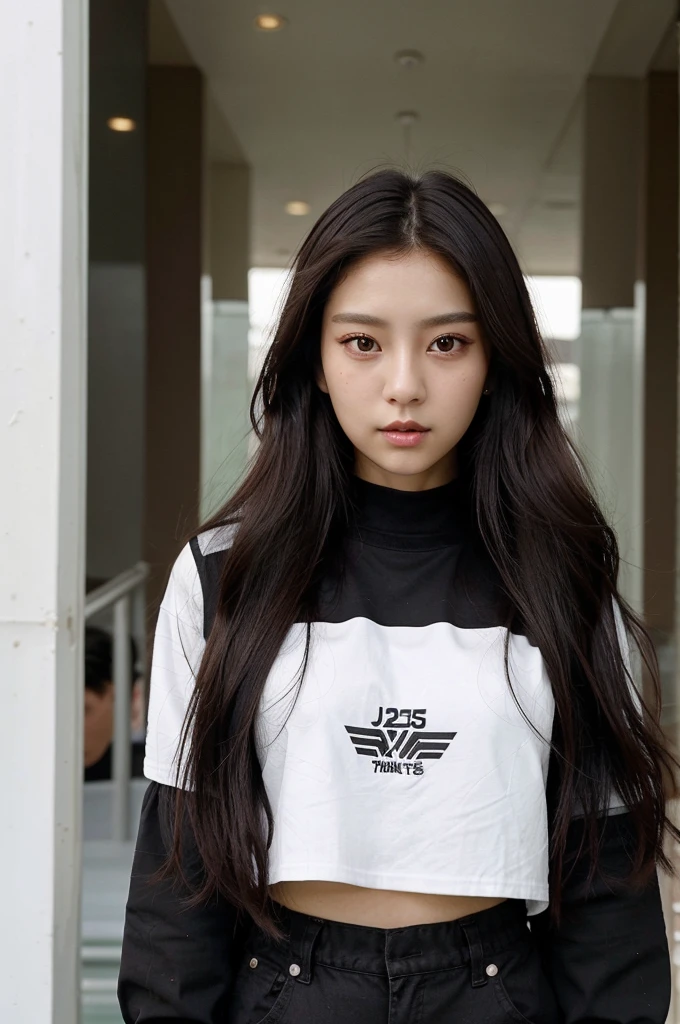 Girl corean
   - **Hair:** jet black, Straight and long.
   - **Eyes:** Large and expressive, dark brown color.
   - **visual style:** She has a beauty that combines the elegance of Tzuyu from TWICE and the sweetness of Jisoo from BLACKPINK, being highlighted as the visual of the group.
