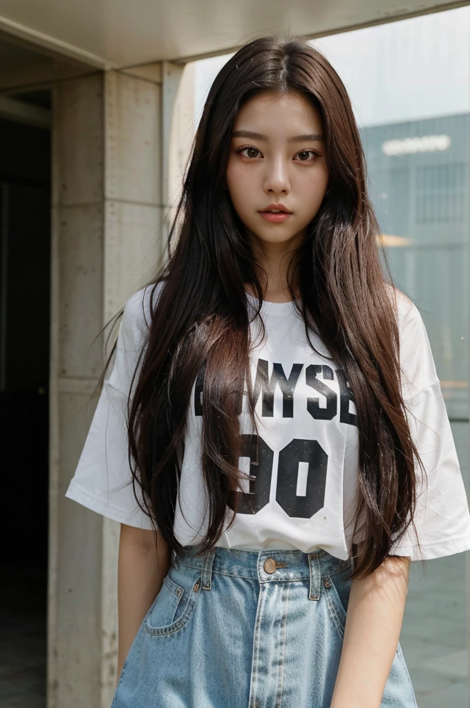 Girl corean
- **Hair:** jet black, Straight and long.
- **Eyes:** Large and expressive, dark brown color.
- **visual style:** She has a beauty that combines the elegance of Tzuyu from TWICE and the sweetness of Jisoo from BLACKPINK, being highlighted as the visual of the group.
