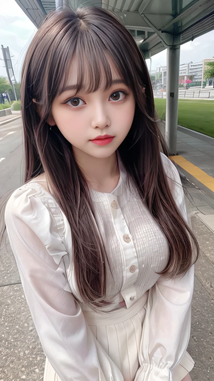 Skin white、Bangs on the face、Bangs between the eyes、A strong wind blows my hair in front of my face、Beautiful big sparkling eyes, Cute and beautiful eyes hidden behind long bangs、No visible nasolabial folds、Short micro mini skirt、Multicolored patterned blouse、19 year old Korean beauty、Blonde short hair、Cute ribbon