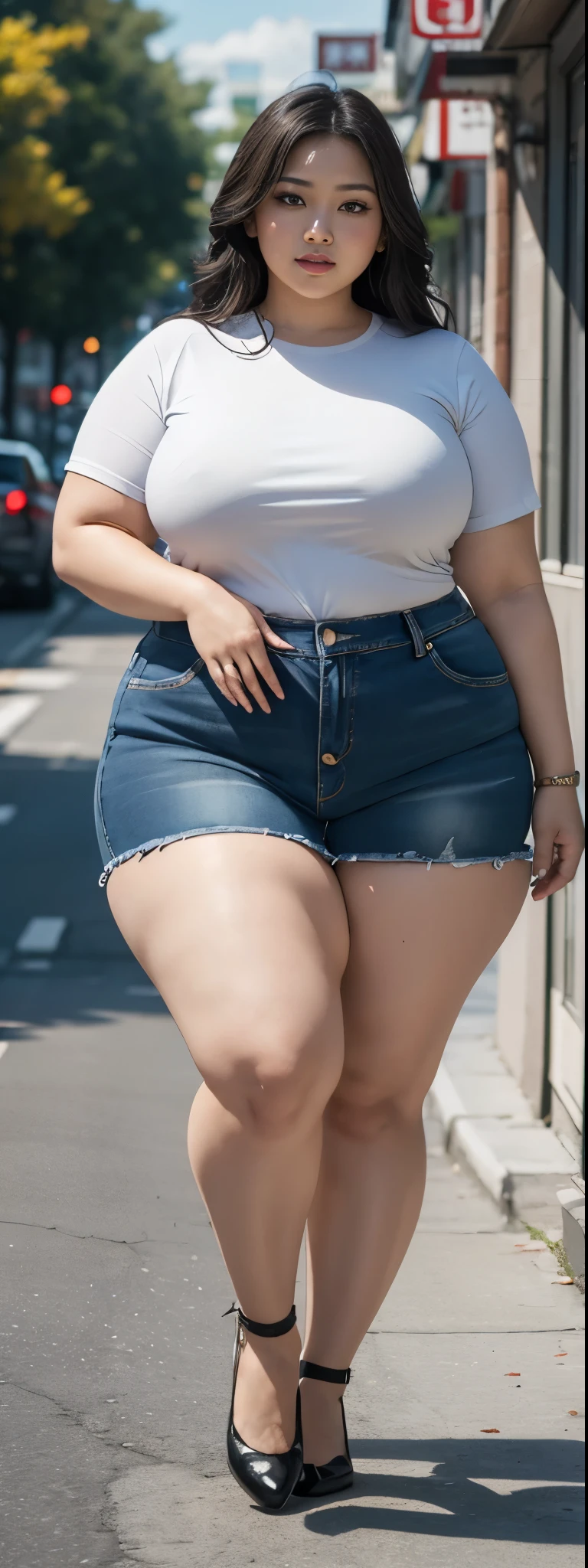 ((best quality)), ((masterpiece)), (detailed), malay woman, perfect face, araffe woman in a dark-blue shirt and blue denim skirt walking down a street, thicc, she has a jiggly fat round belly, bbwchan, wearing tight simple clothes, skinny waist and thick hips, widest hips, her belly is fat and round, soft curvy shape, hyperrealistic full figure, wearing a cute top, wide hips