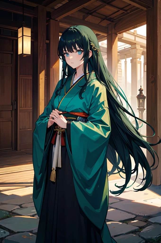 1woman, dark green hair, long hair, blue eyes, kimono, standing on ground, high res, ultra sharp, 8K, masterpiece