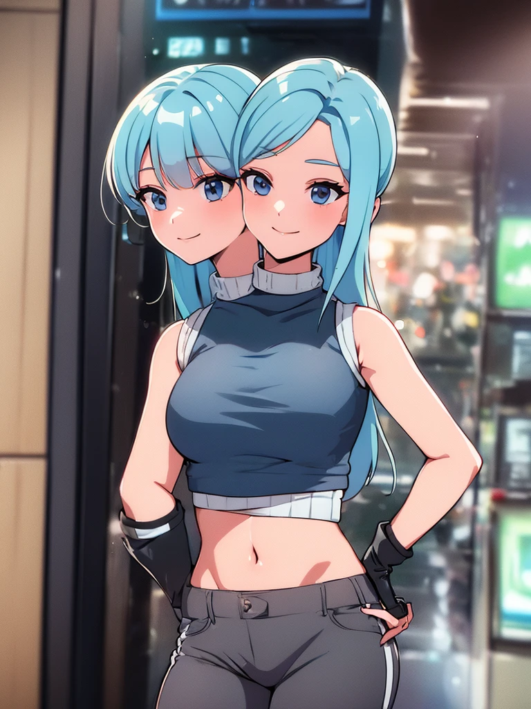 best quality, (masterpiece),(ultra-detailed), (high quality), (high resolution), ((2heads:1.5)), best quality:1.5, highres, UHD, 16K), smiling, highres, masterpiece, ((light blue hair)), gamer girl, long hair, hair band, black eyes, ((cinematic particles)), ((grey hot pants)), arcade room, (black gloves), cowboy shot, ((sleeveless jacket over a white crop top)), exposed midriff, fingerless gloves