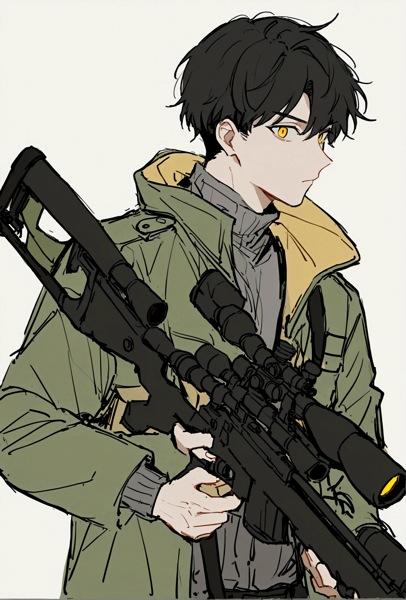 1 boy, yellow eyes, Bblack hair, this is not the case, best qualityer, sniper, Shooter, cloathing, in jacket