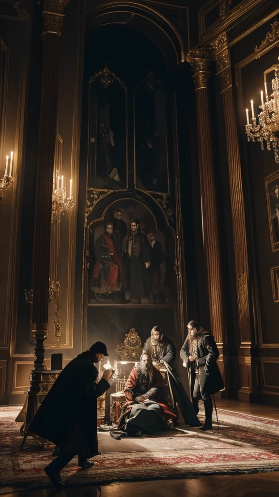 Conspirators shooting Rasputin, a chaotic scene, December 1916, in the dimly lit palace, with Rasputin showing resilience, and opulent decorations in the background, wide shot, hyper-realistic, photo realism, cinematography. Camera lens size should be 200mm, aperture setting f/4.5, and ISO 1600. The artistic medium should be color photography.