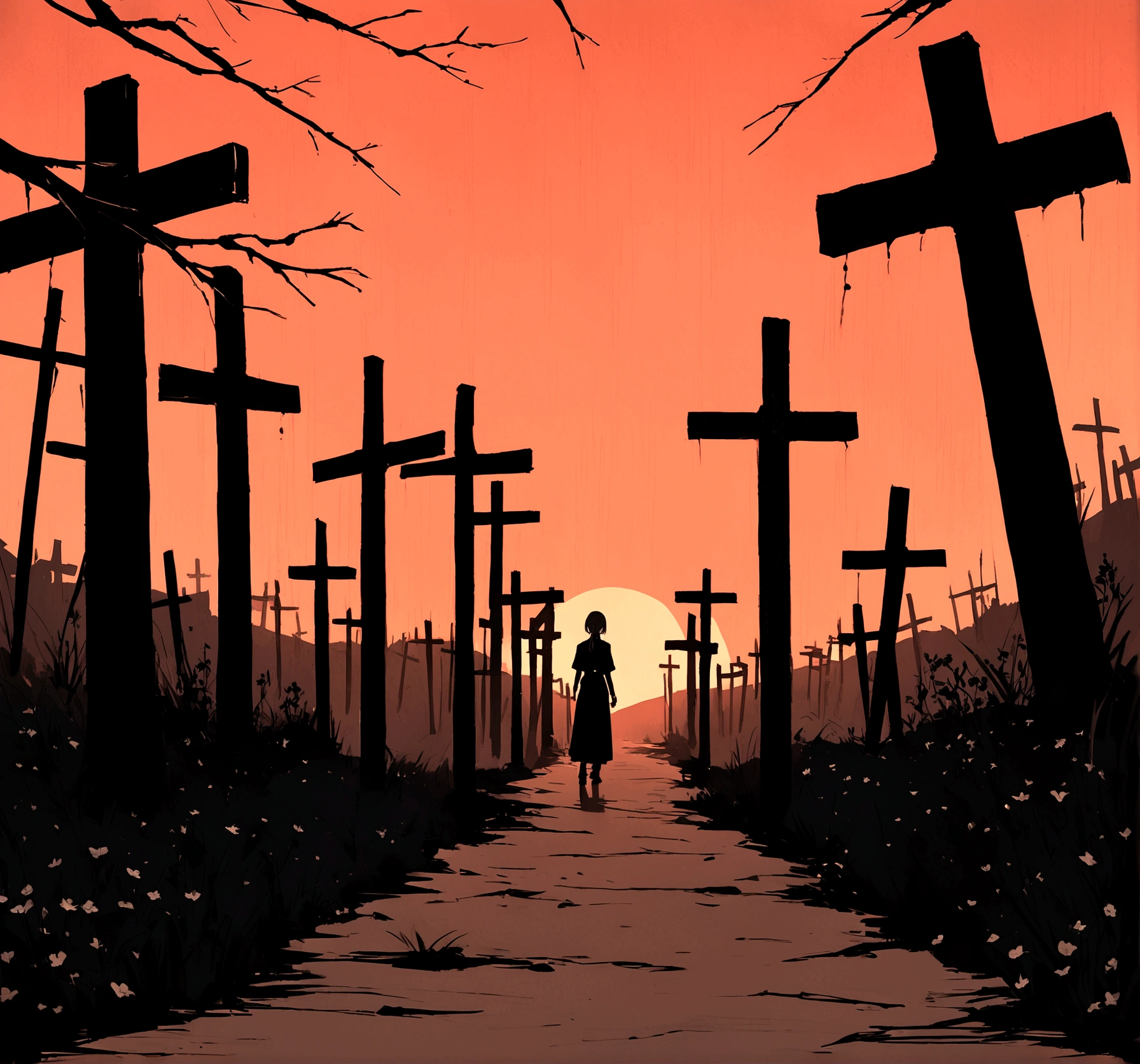 "Create an image of several funeral crosses by the side of a deserted road. The crosses are simple, weathered, and wooden, some adorned with wilted flowers and tattered ribbons. The scene is set during twilight, with a dim, orange-pink sky casting long shadows. The road is flanked by tall, dark trees, adding to the somber and melancholic atmosphere. The overall mood should be one of quiet remembrance and sorrow, evoking a sense of loss and reflection."