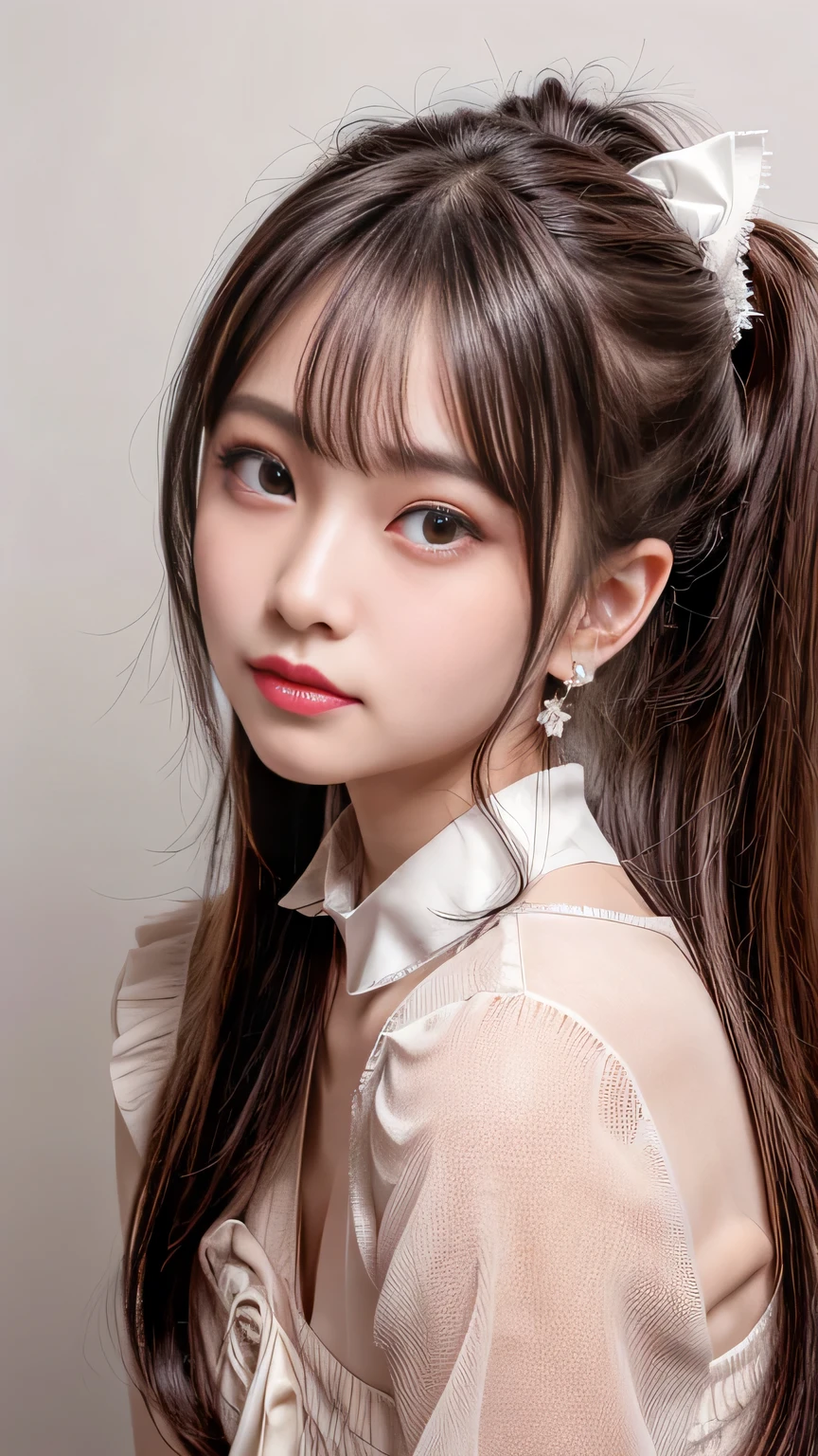 blush,Long hair ponytail,A big ribbon in her hair,(8K, RAW Photos, Highest quality, Pieces fly:1.2), (reality, Realistic:1.4), (Highly detailed 8K wallpaper), Sharp focus, Depth of written border, Cinema Lighting, Soft Light, Detailed Beauty Eye,Shiny and smooth light brown ponytail, Asymmetrical bangs, Shiny skin, Highly detailed skin ,High resolution, High detail, Detailed hairstyle, Beautiful face with attention to detail, Hyper Real, Perfect limbs, Perfect Anatomy ,1 Japanese girl,Famous Japanese Idols, Perfect female body,A shy smile,short eyelashes,double eyelid,Look straight here,Hairstyle: Ponytail,Attach a ribbon, office,Long ponytail hairstyle,Wear a scrunchie,Stand up straight and face me,The whole body is visible,Small breasts,The pose is random,Wear earrings