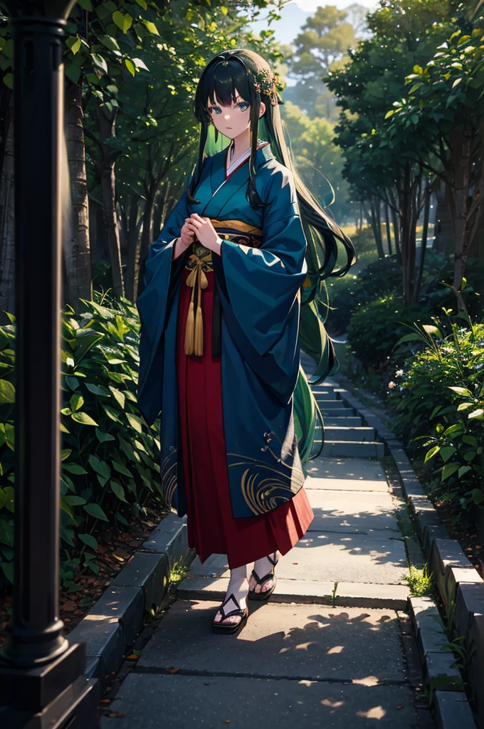 1woman, dark green hair, long hair, blue eyes, kimono, standing on ground, high res, ultra sharp, 8K, masterpiece
