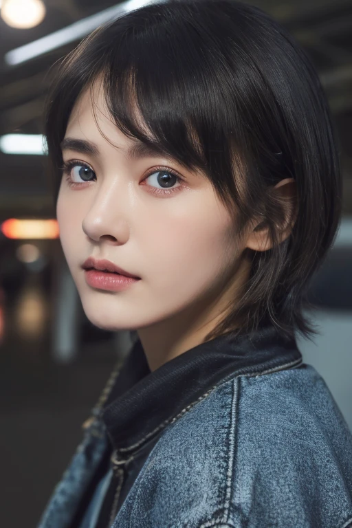 (award winning, 8k, super detailed, high resolution, best quality, photography, portrait), 1girl, solo, beautiful girl, beautiful eyes, detailed eyes, (black eye), jean coat, (short hair), black hair, at train station, POV, ((upper body))