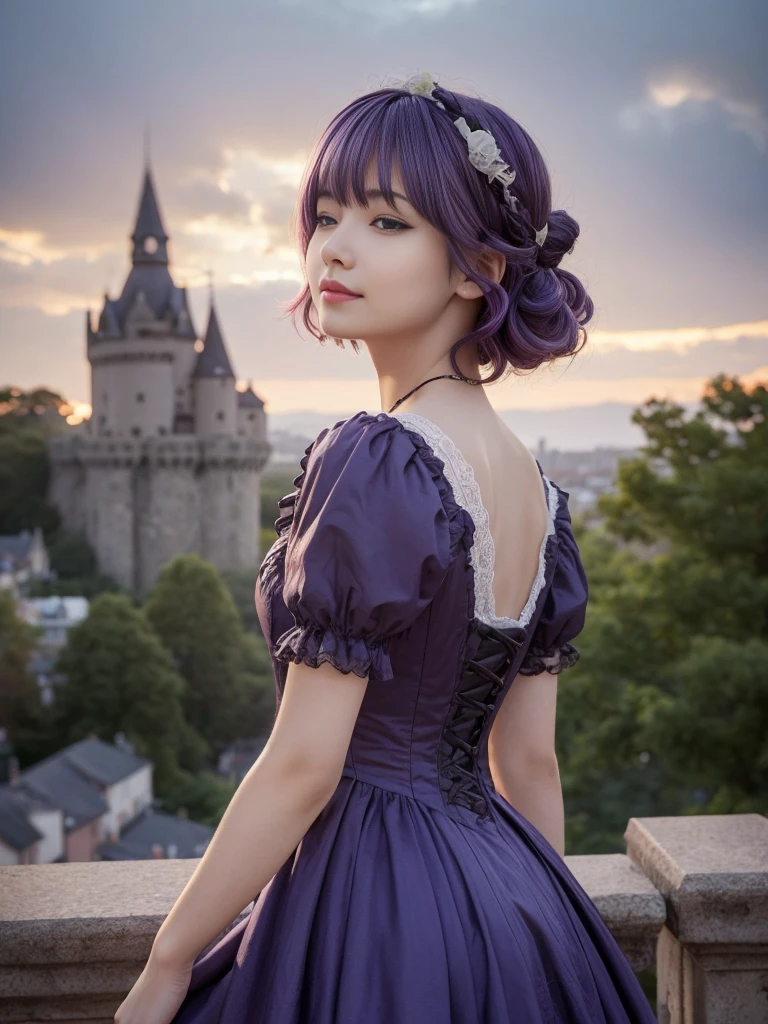 (Highest quality, Very detailed, masterpiece:1.2), 1 female, Very thin body, length, Thin legs, ((Purple-hair-color wavy short hair:1.2)), ((Thick and fluffy bangs)), full body,Very detailedな顔,A faint smile, small, Thin Nose, small thin mouth, one eye closed, Japanese, Beautiful Face, Realistic eyes, Beautiful and beautiful eyes, Realistic Skin, Beautiful Skin, charm, (Lively Faces), Beautiful Hairstyles,((Victorian Dress)), Gothic design, Creepy and unique hairstyles, High resolution, Vibrant color palette,(dynamic-pose,from side,arched back),Old castle in the background, weird lighting, and a small, old castle in the background,