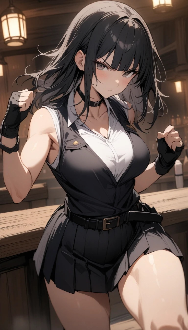 ((Highest quality)), ((masterpiece)), (detailed),cowboy shot , Female police officer　Medium chest　Mature Woman, Black sleeveless blouse with white undershirt,Black choker,Black long hair　Blunt bangs　black pleated mini skirt　black fingerless gloves　V-shaped eyebrows　Combat Stance　Black Belt　Old tavern