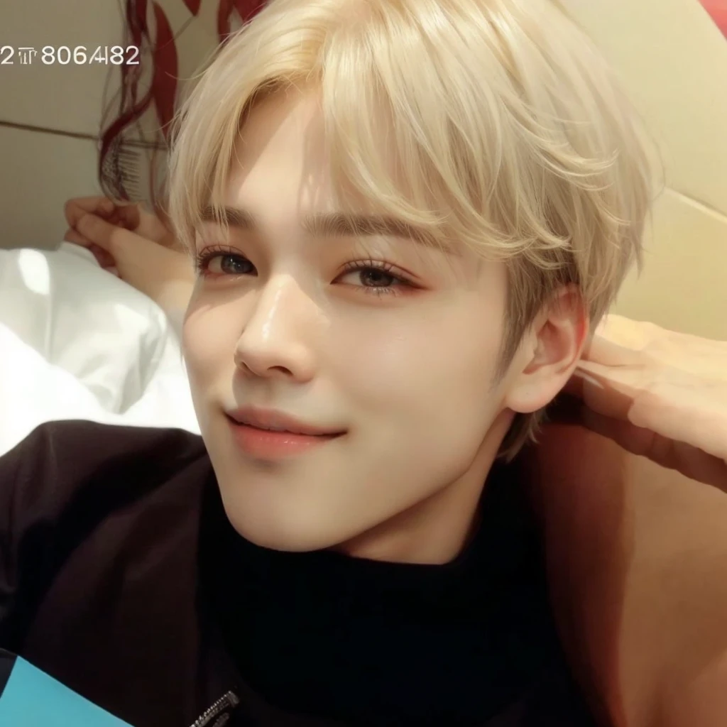 cropped photo of a man with short blond hair and black shirt, accurate Jimin face, Jimin\the full lips, Jimin\the right eyelid is swollen, Jimin\the Greek nose, park Jimin, Jimin, hyung tae, adorable and pale korean face, Kim Doyoung, jung jaehyun, he is smiling, Yoongi with black hair