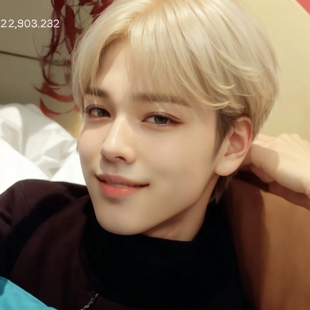 cropped photo of a man with short blond hair and black shirt, accurate Jimin face, Jimin\the full lips, Jimin\the right eyelid is swollen, Jimin\the Greek nose, park Jimin, Jimin, hyung tae, adorable and pale korean face, Kim Doyoung, jung jaehyun, he is smiling, Yoongi with black hair