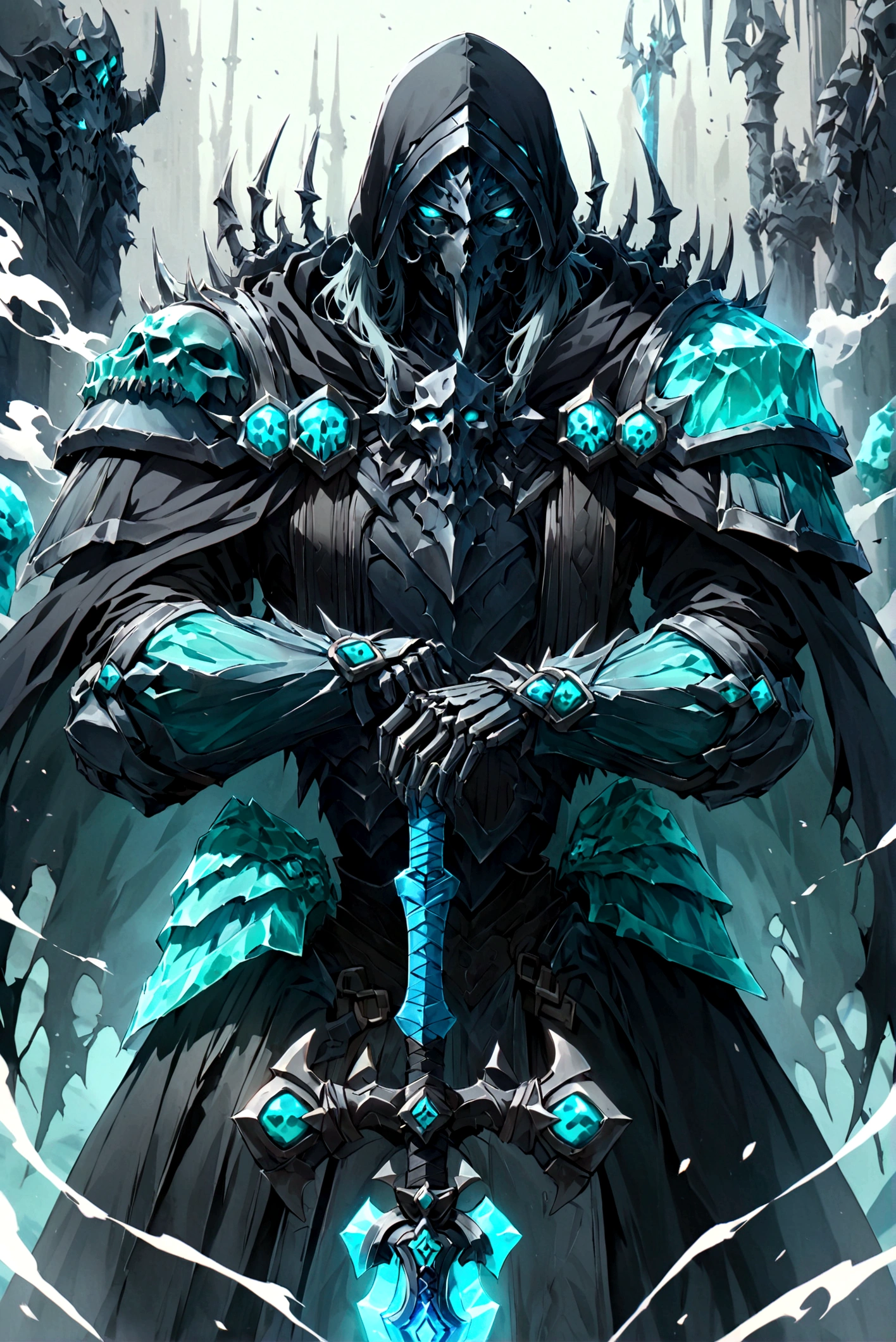 score_9, score_8_up, score_7_up, a skeleton knight walking through aqua smoke, glowing aqua eyes, smoke coming from its mouth, upper body, looking at the viewer, black cloak, black armor, aqua ornaments, glowing ornaments, aqua cape, black hood, glowing sword, aqua sword, holding the sword,dark,