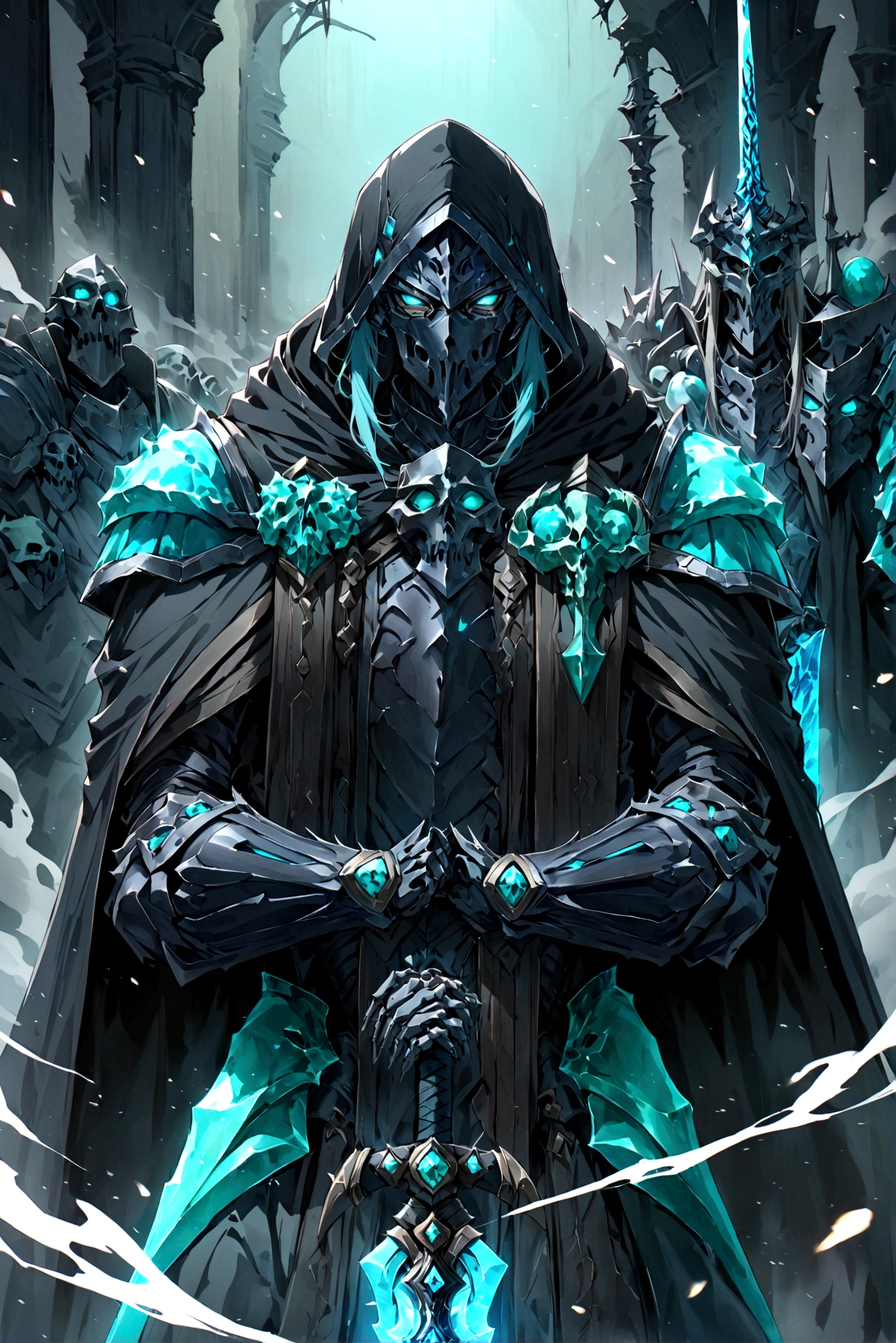 score_9, score_8_up, score_7_up, a skeleton knight walking through aqua smoke, glowing aqua eyes, smoke coming from its mouth, upper body, looking at the viewer, black cloak, black armor, aqua ornaments, glowing ornaments, aqua cape, black hood, glowing sword, aqua sword, holding the sword,dark,