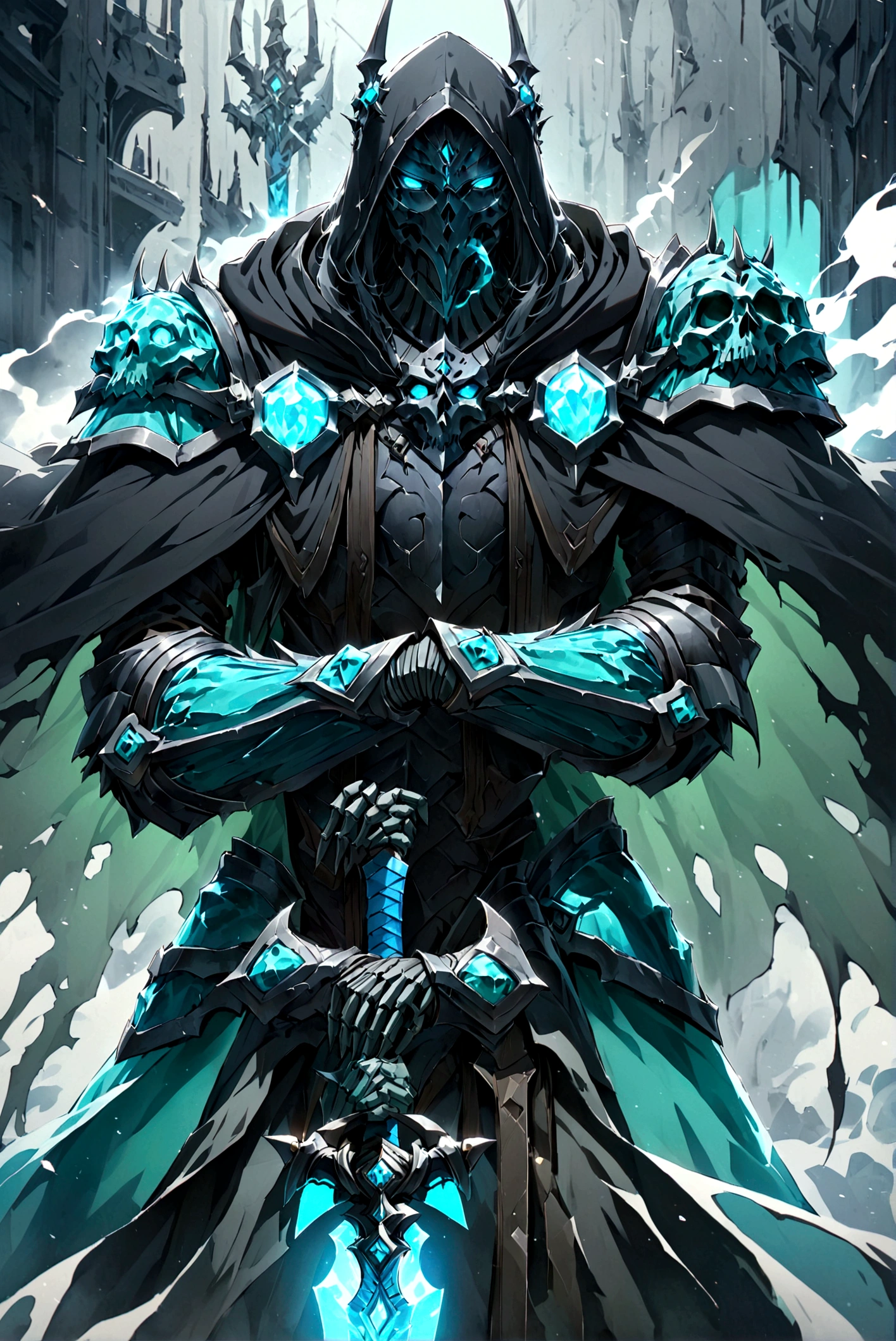 score_9, score_8_up, score_7_up, a skeleton knight walking through aqua smoke, glowing aqua eyes, smoke coming from its mouth, upper body, looking at the viewer, black cloak, black armor, aqua ornaments, glowing ornaments, aqua cape, black hood, glowing sword, aqua sword, holding the sword,dark,