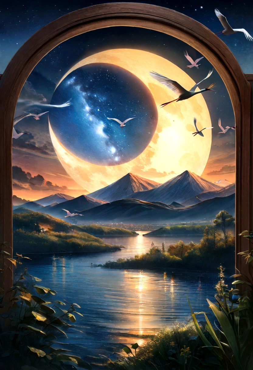 Very starry night. A huge moon behind the mountain. A peaceful lake reflects the night. The sunset is accompanied by flying cranes. cenas realistas, detail, fotorrealism, 8K