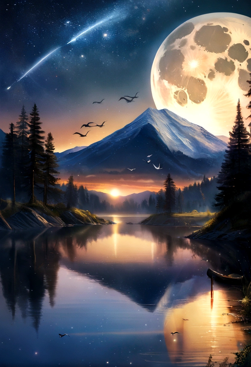 Very starry night. A huge moon behind the mountain. A peaceful lake reflects the night. The sunset is accompanied by flying cranes. cenas realistas, detail, fotorrealism, 8K