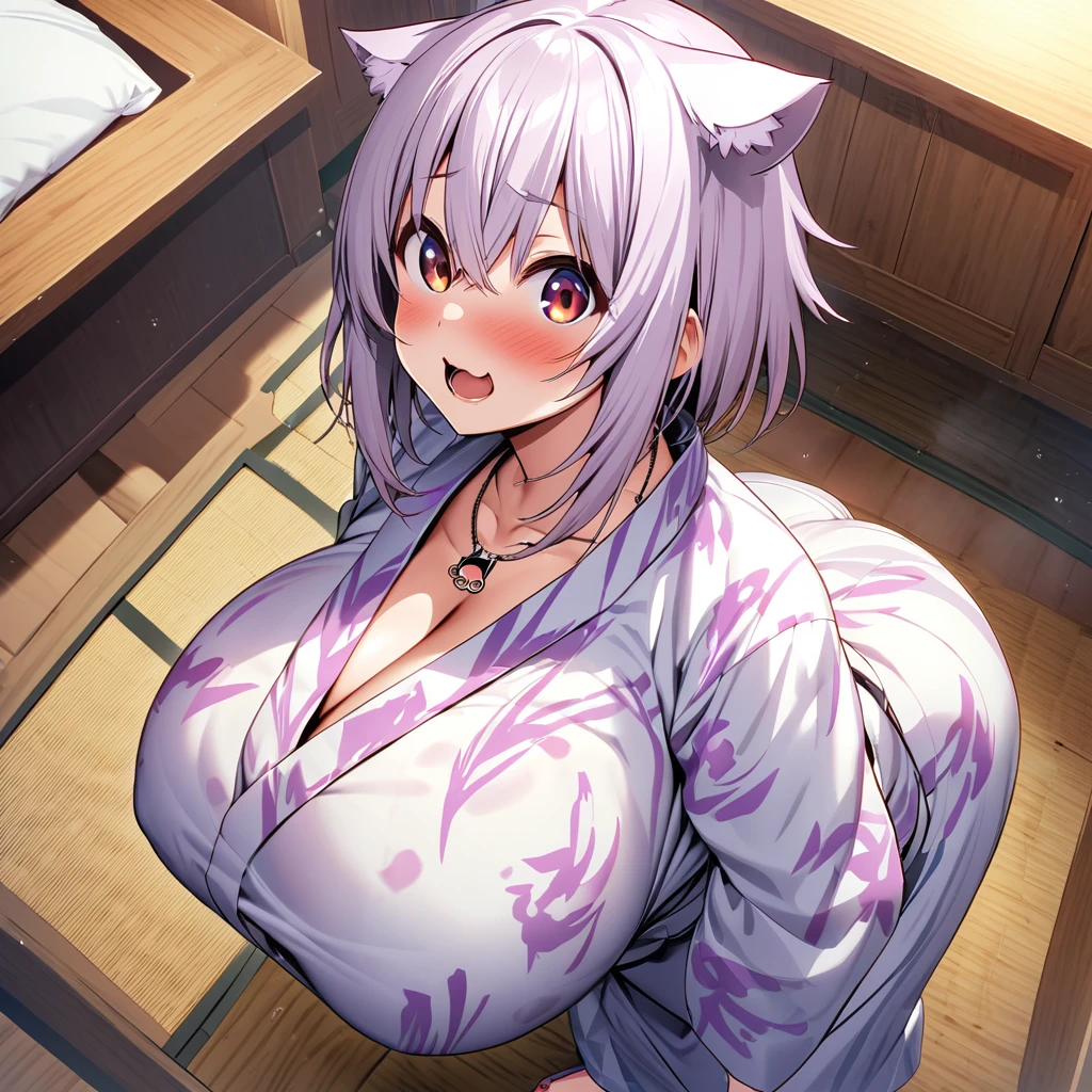 inugami korone,nekomata okayu,2girl,Females in heat,mating season,blush,open mouth,yukata,necklace,gigantic huge breasts,looking at viewer,Taken from the viewpoint above,upturned eyes,near,standing up,Lined up,ryokan,in room