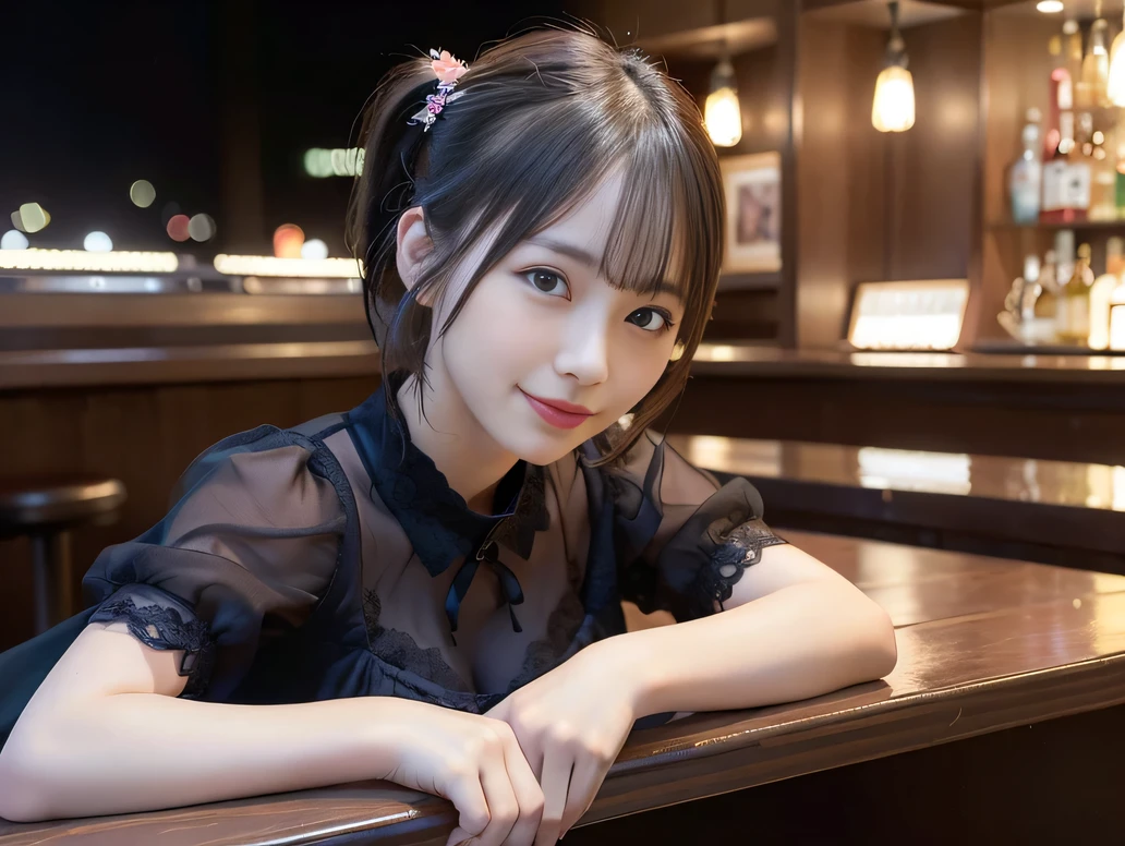 (Highest quality, masterpiece, Ultra-high resolution, 8K, RAW Photos, Realistic, Anatomically correct:1.5), 20-year-old girl:1.2, Embarrassing, avert your eyes, blush:1.0, View Viewer, ((bar)) 、Night view、 Light:1.2, Bokeh, Cinema Lighting:1.0, Depth of written boundary, sharp、 Cute face、Idol、Black short sleeve lace top、Black pleated skirt、Black clothing、”dwarf”、(Floral clothes)、(Full Body Shot)、Side angle、Cowboy Shot、 smile、(Ultra short hair、Short ponytail)、(Straight bangs)、((See-through))、(( One Girl))、Large Breasts、 Non-nipples:1.4,
