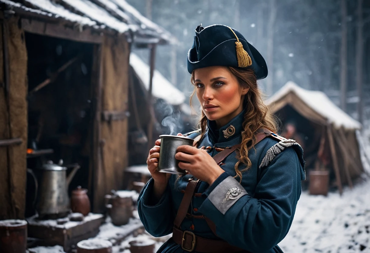 Show Napoleon's female soldier drinking coffee from an old tin cup in front of her camp while looking at the camera.
Depict the soldier feeling cold, with snow falling around her.
Use cold and muted colors to convey the harshness of the winter and the exhausting guarding duty, background dark, perfect fingers, hyper realistic, ultra detailed hyper realistic, photorealistic, Studio Lighting, reflections, dynamic pose, Cinematic, Color Grading, Photography, Shot on 50mm lens, Ultra-Wide Angle, Depth of Field, hyper-detailed, beautifully color, 8k