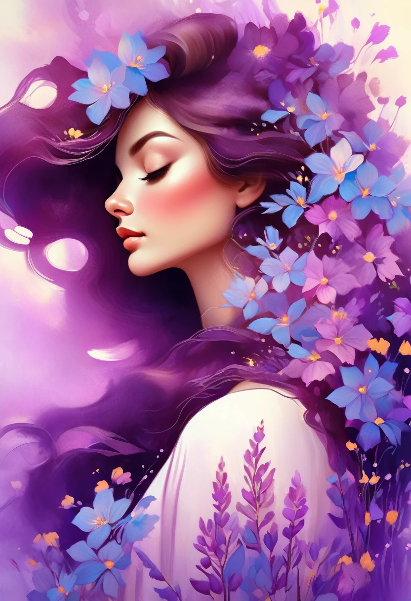 Painting of a beautiful woman in profile with long hair and purple flowers in her hands, Beautiful digital illustrations, Beautiful artwork illustration, Amazing digital illustrations, Beautiful digital artwork, anna dittmanにインスピレーションを受けて, Amazing digital art, Exquisite digital illustrations, anna dittman&#39;style, Beautiful digital art, beautiful Amazing digital art, very Beautiful digital art, Beautiful fantasy art portraits