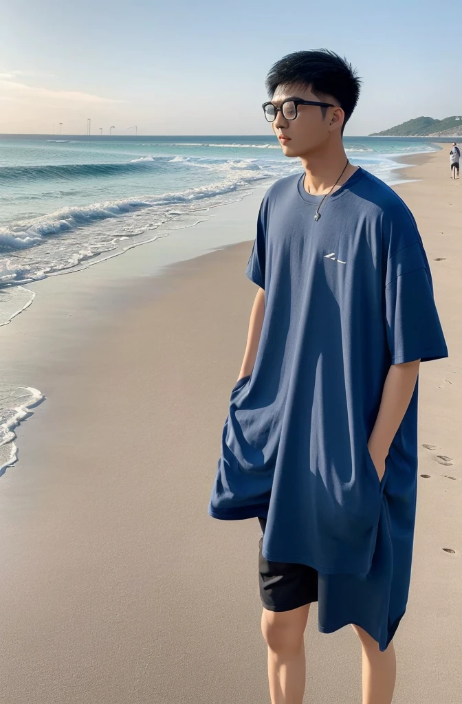21 year old Beijing boy, he is ((oversized xxxl blue plain T shirt)), wearing black short pants, wearing sneakers, wearing glasses, fully body, (he is 한국 머리카락입니다) Korean style, walking, buzz Hairstyle,beach 