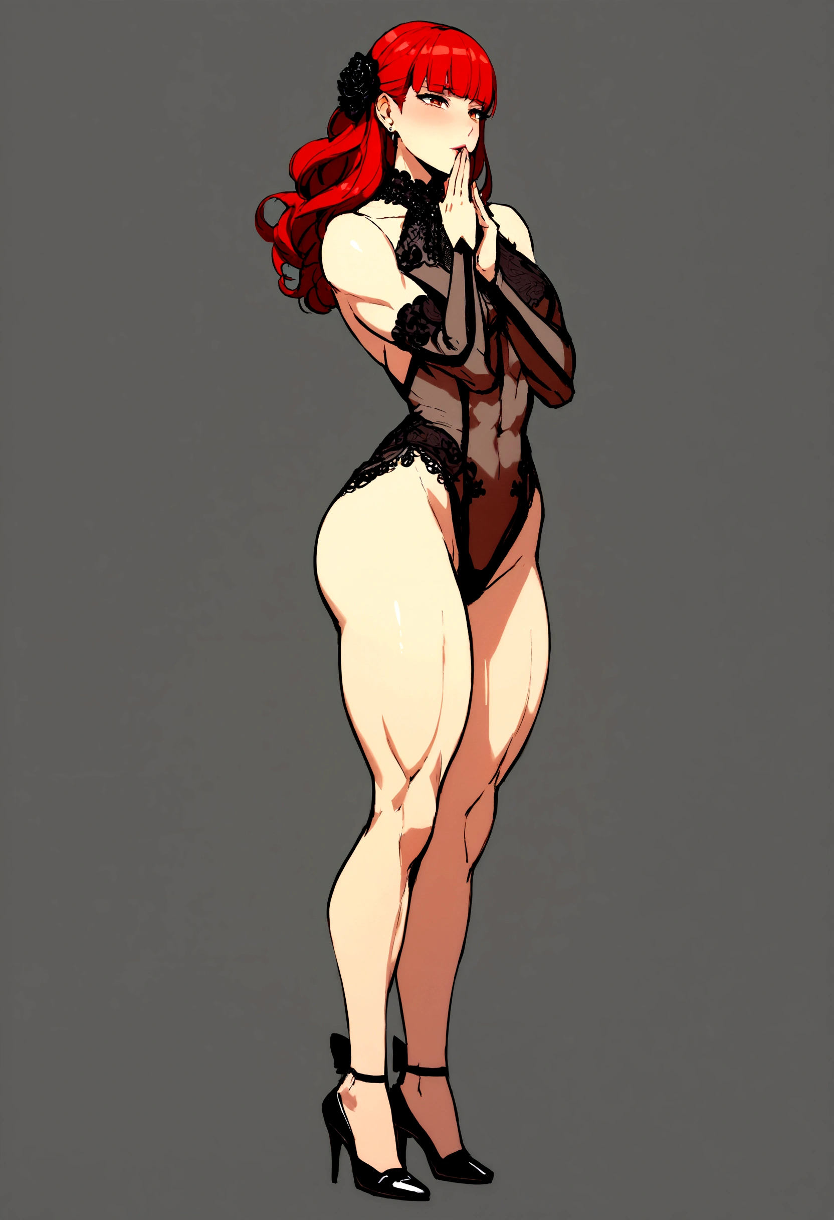 muscular girl. fully body. may bold, high-heels. standing hand to mouth sex