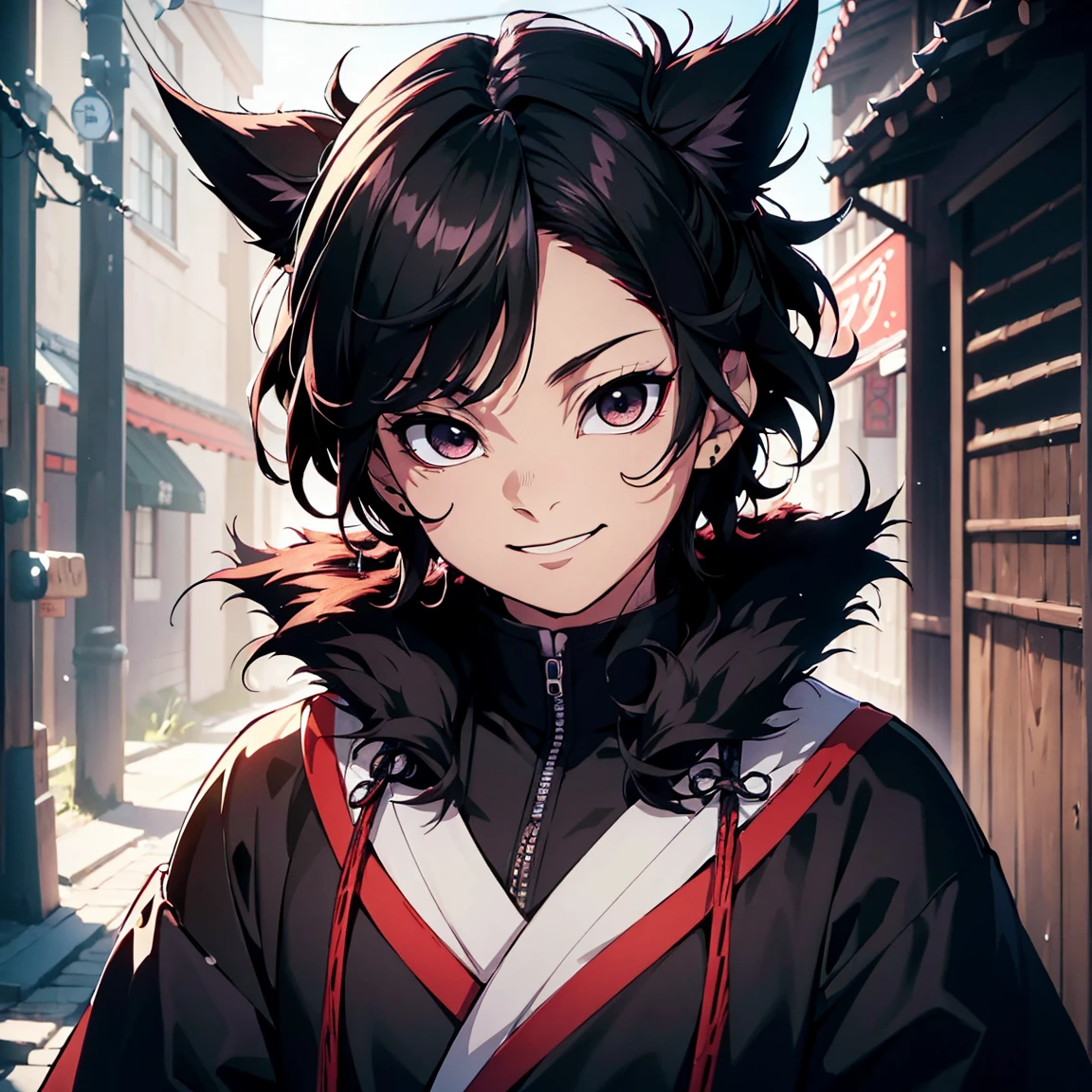 (Best Quality,ultra detailed,realist:1.37),high resolution(4k,8k),portrait,Demon Slayer character,black fur,short hair,black eyes,big smile,warm smile,YOUNG,charismatic,16 years ,Kimetsu no Yaiba&#39;s distinctive style, dynamic pose, vibrant colors, detailed facial features, powerful aura, determined expression, katana, fierce eyes, intense battle scene, dramatic lighting, flowing layer, iconic demon slaying uniform, intricate patterns, burning background