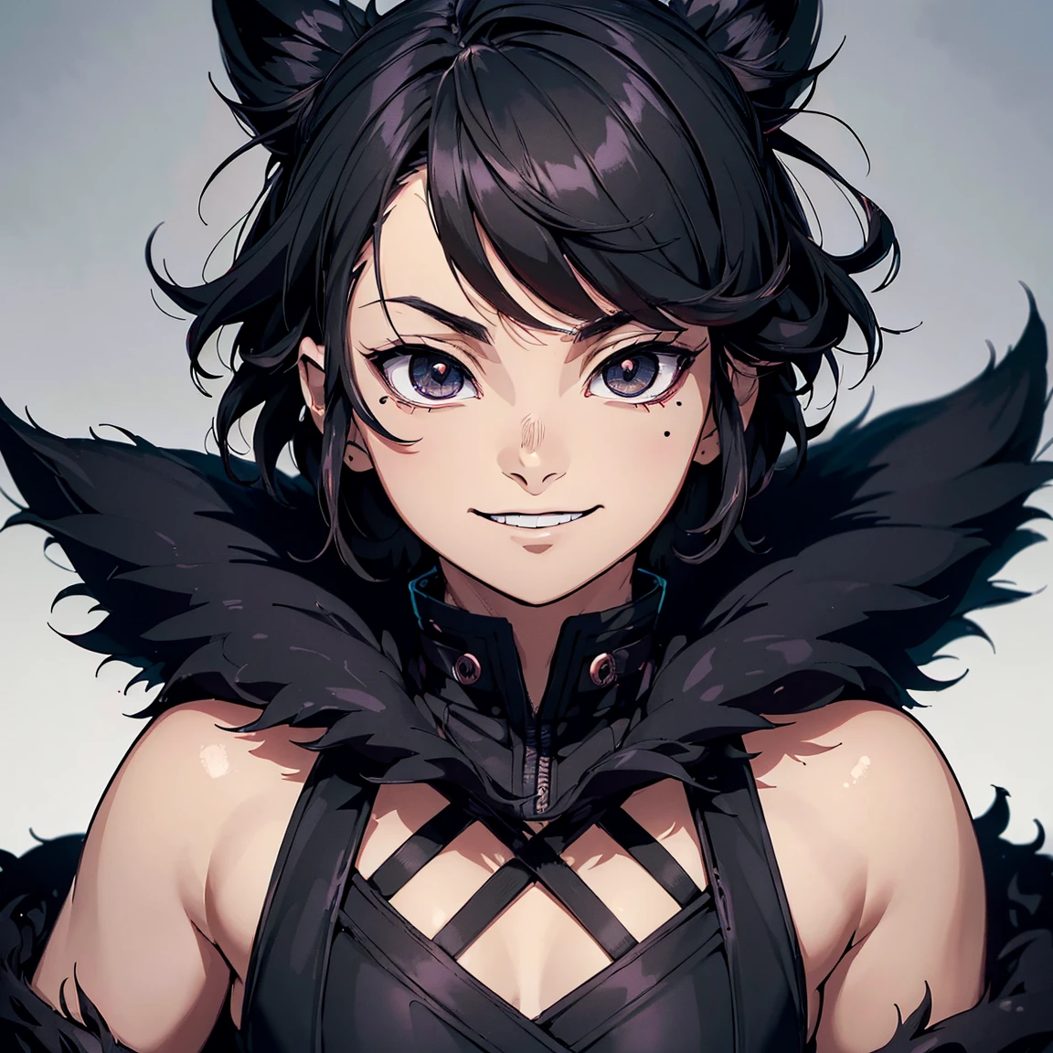 (Best Quality,ultra detailed,realist:1.37),high resolution(4k,8k),portrait,Demon Slayer character,black fur,short hair,black eyes,big smile,warm smile,YOUNG,charismatic, ,Kimetsu no Yaiba&#39;s distinctive style, dynamic pose, vibrant colors, detailed facial features, powerful aura, determined expression, katana, fierce eyes, intense battle scene, dramatic lighting, flowing layer, iconic demon slaying uniform, intricate patterns, burning background