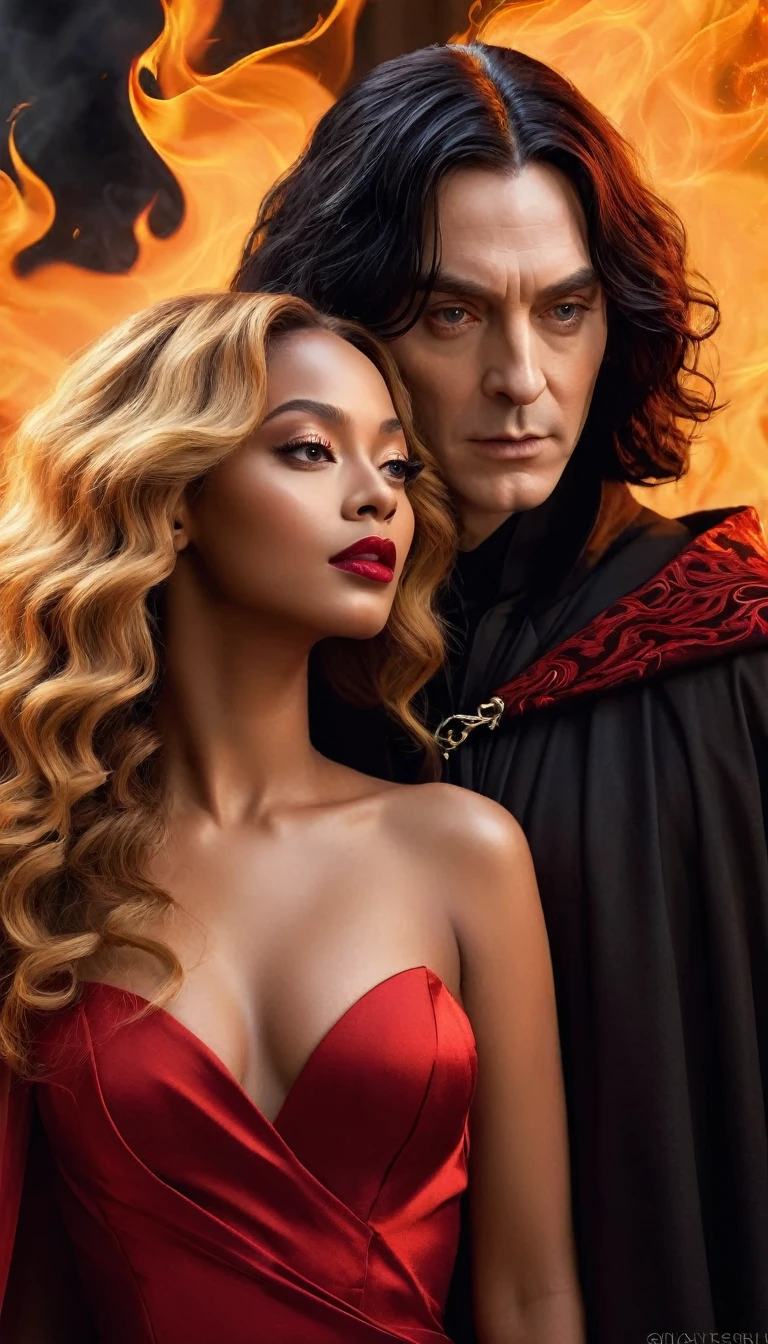 
- Scene: Create an image of two people in love in a setting of mystery and passion.
  
- Woman's Appearance:
  - Resembles Beyoncé
  - Brown skin
  - Long, golden blonde curly hair
  - Confident and seductive expression
  - Wearing a red dress, elegant and form-fitting
  - Lips painted a deep, intense red

- Man's Appearance:
  - Resembles Severus Snape
  - Pale skin
  - Large nose
  - Black, straight hair falling around his face in a somber manner
  - Serious and intense expression
  - Wearing a black cloak, contrasting with the flames around them

- Atmosphere:
  - Surrounded by flames, creating a mystical and fiery ambiance
  - Soft lighting highlighting their faces, enhancing the sparkle in their eyes
  - Flames adding an element of intensity and mystery to the scene
  - They are close to each other, gazing intensely into each other's eyes, exuding a strong emotional connection
